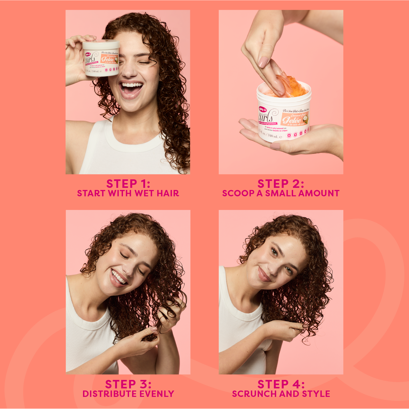 Step-by-step guide on using a hair product with a woman and product container on a pink background.