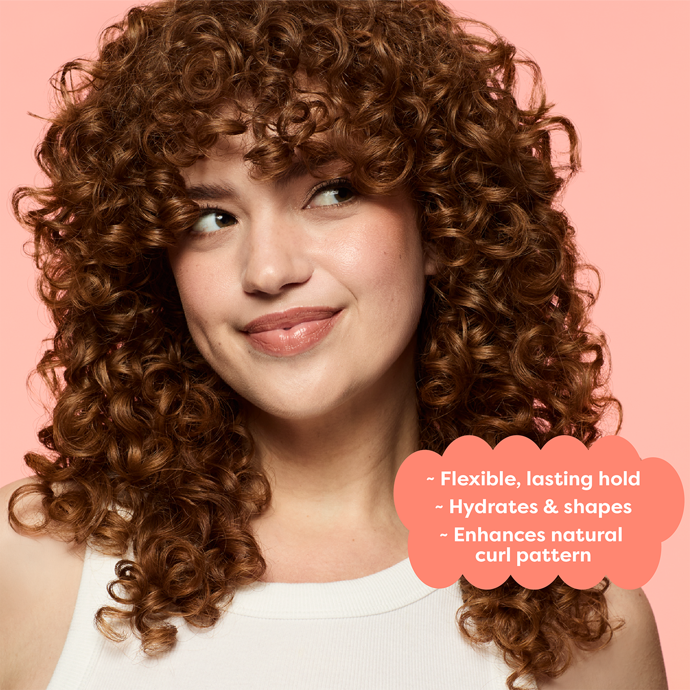 Woman with curly hair against a pink background with product features text.
