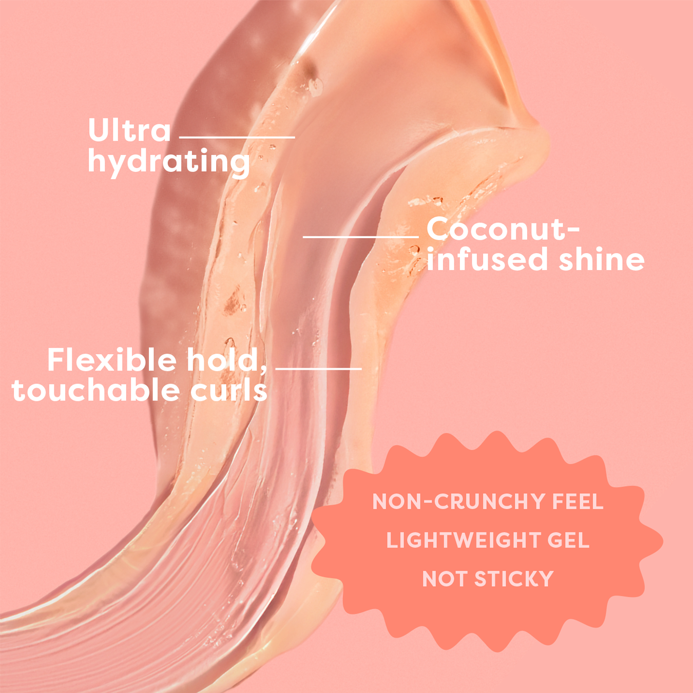 Text describing hair product features with a close-up of the product on a pink background