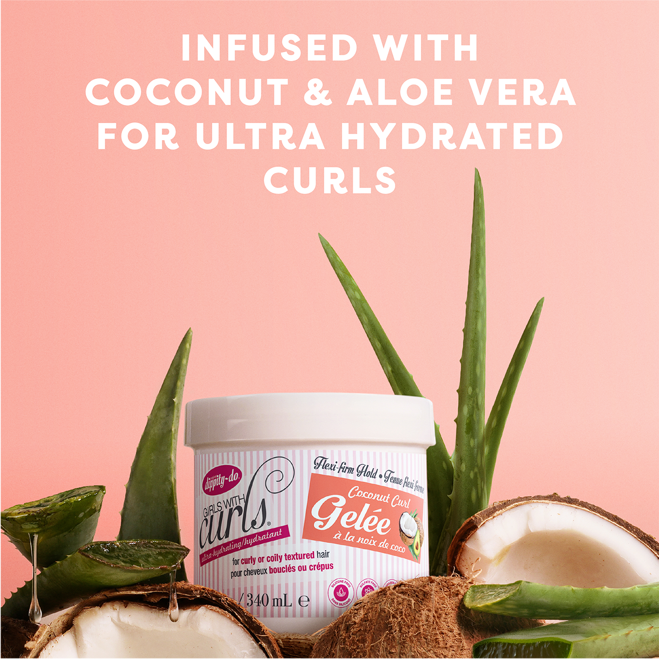 Jar of hair product with coconut and aloe vera on a pink background