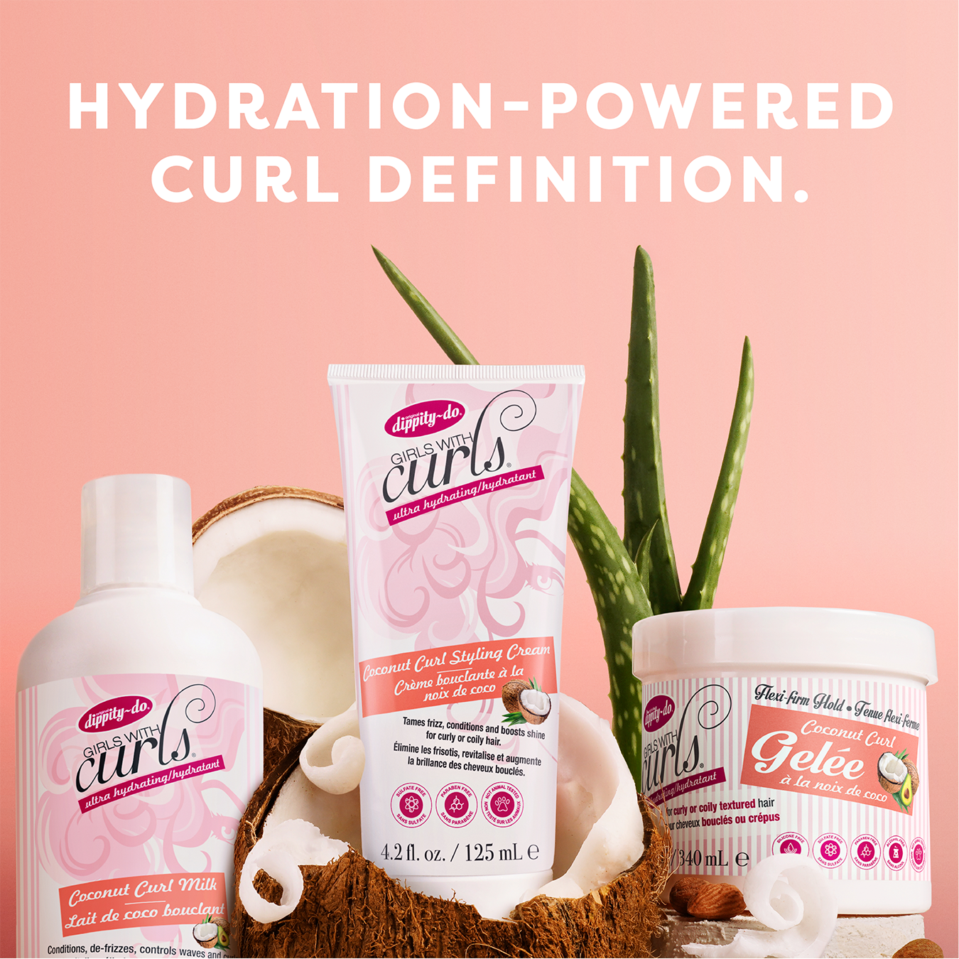 Coconut-based hair care products with branding on a pink background.