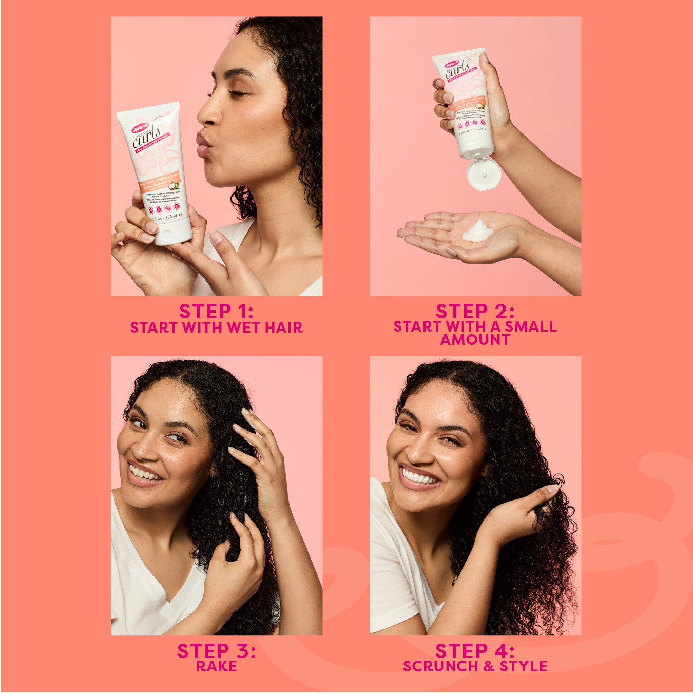 Step-by-step guide on using a hair product with a woman demonstrating each step on a pink background.