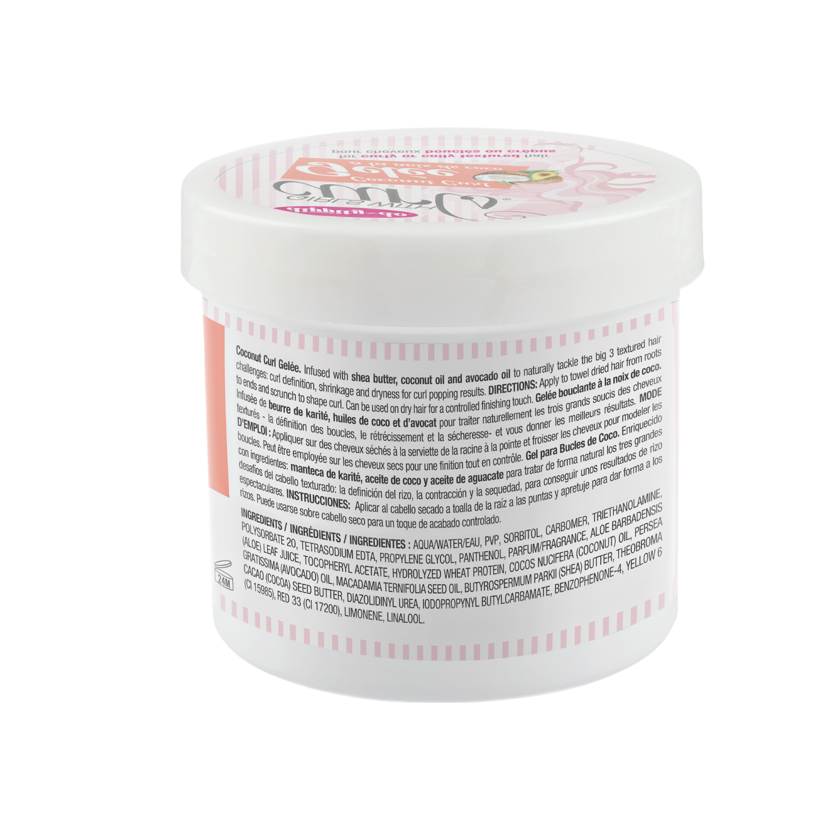 Jar of coconut curl hair gel product with a white lid on a white background