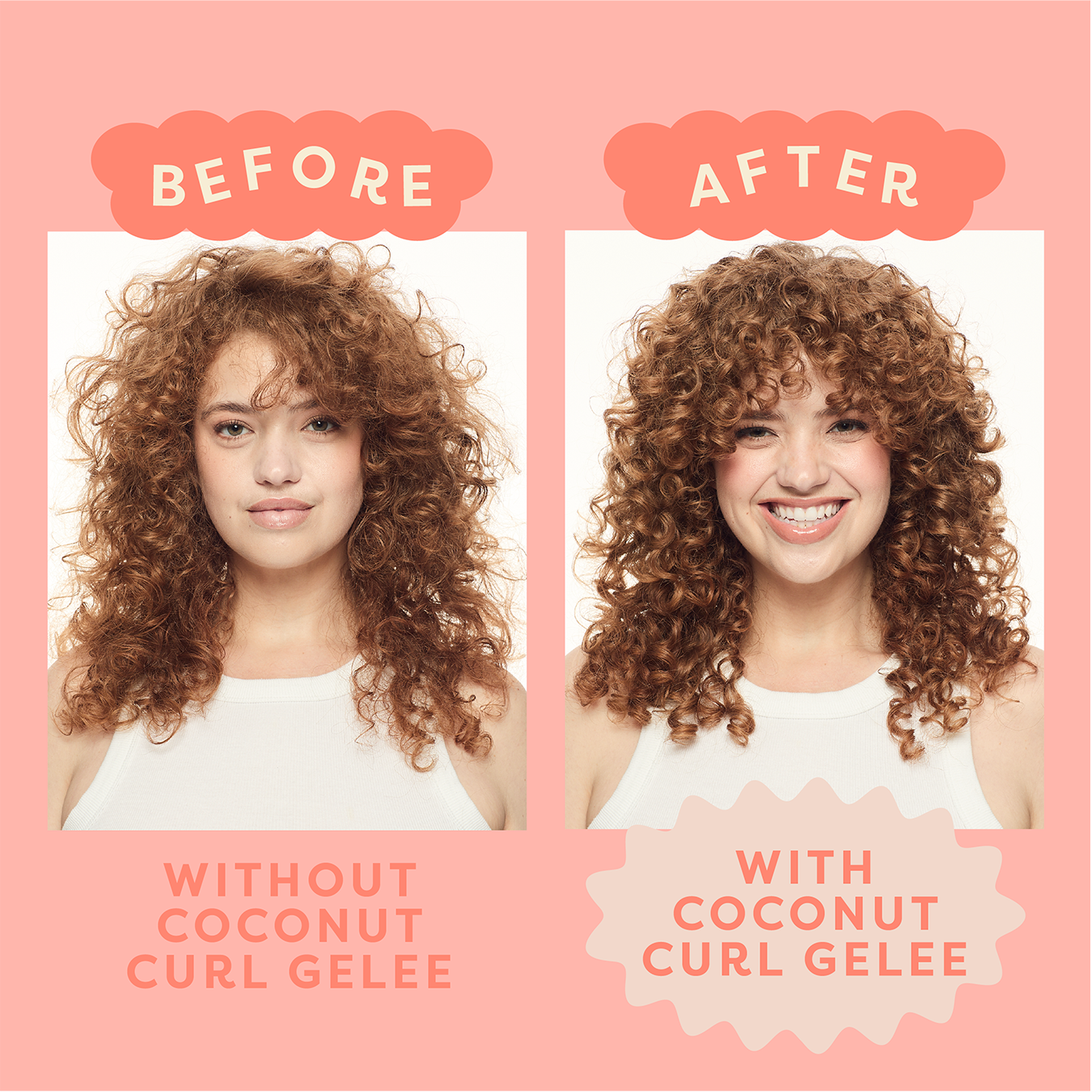Before and after comparison of hair with and without coconut curl gelee on a pink background.