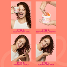 Step-by-step guide on using a hair product with a woman and product container on a pink background.