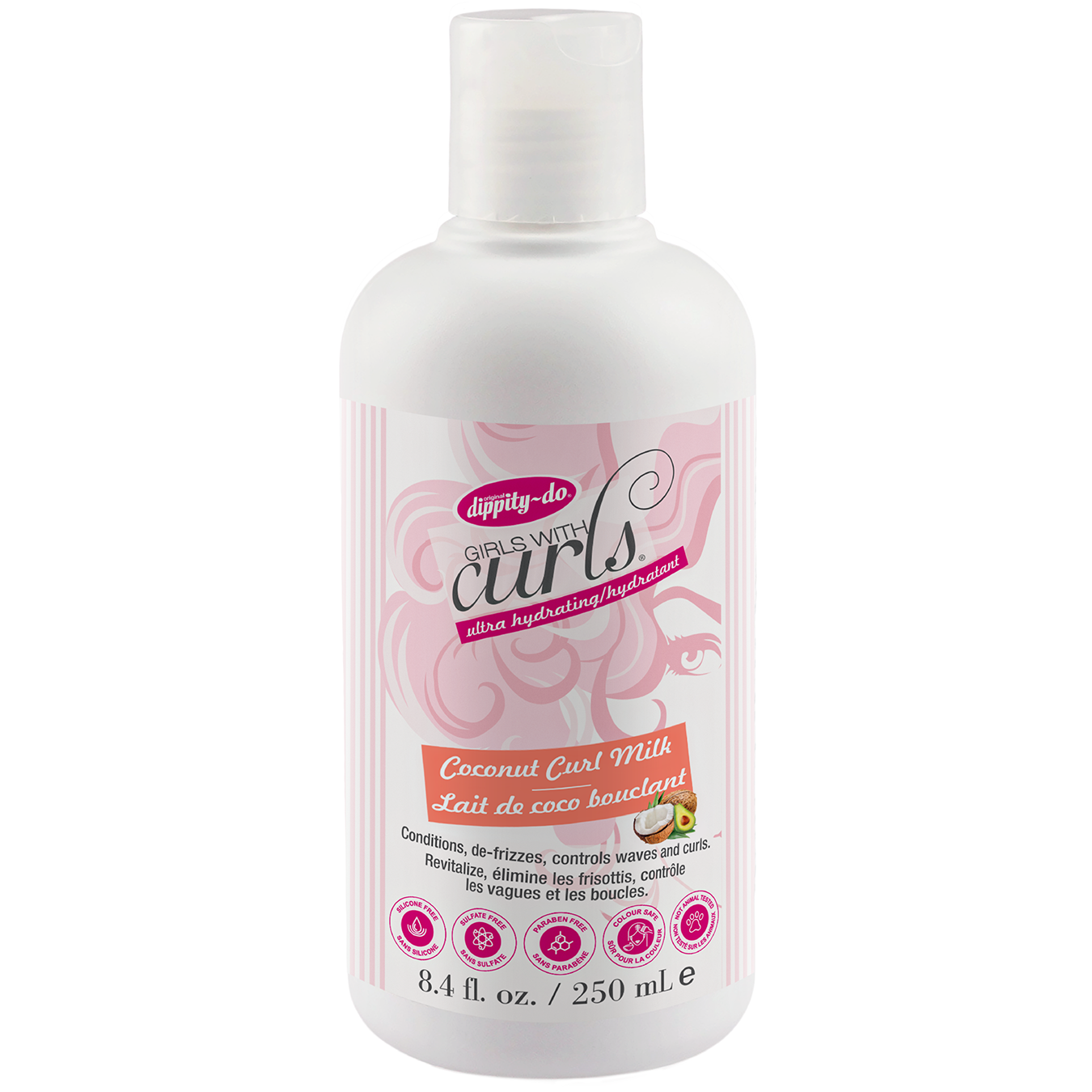 Bottle of Dimply Do Curls Coconut Curl Milk on a white background