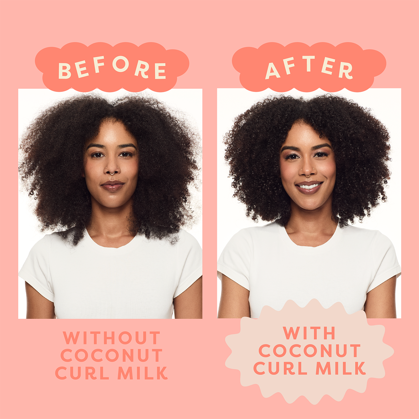 Before and after comparison of a woman's hair with and without coconut curl milk on a pink background.