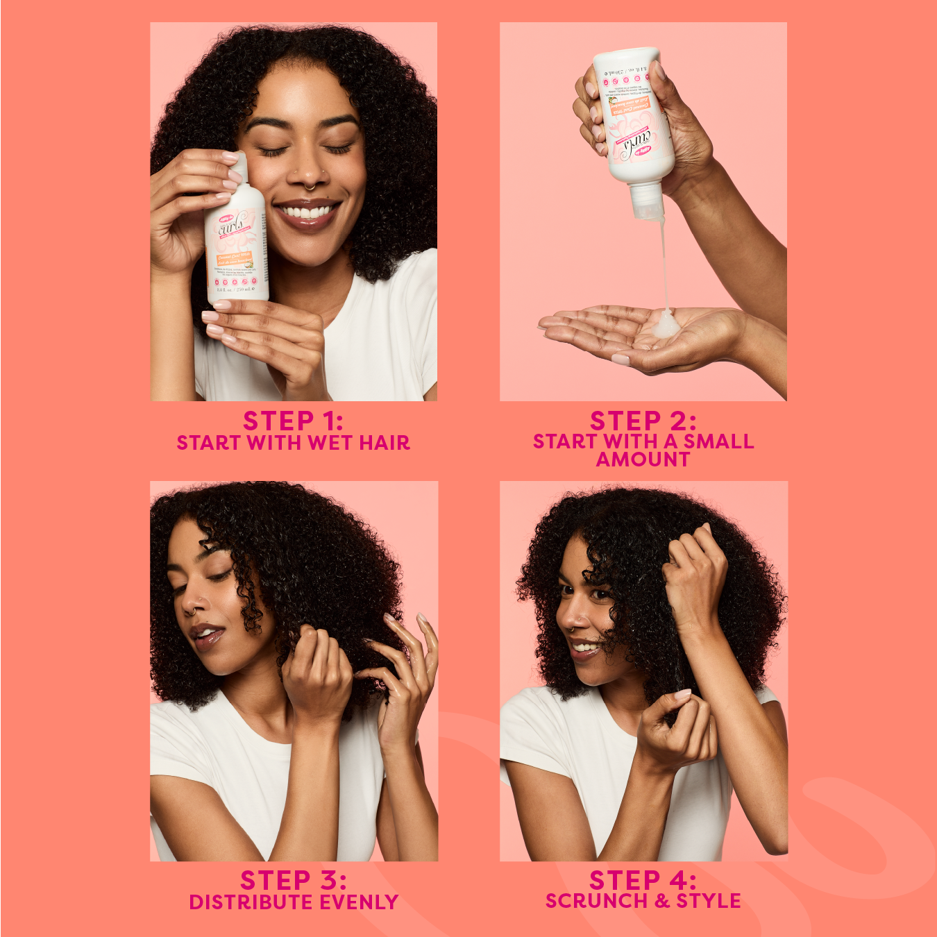 Step-by-step guide on using a hair care product with a woman applying it to her hair.